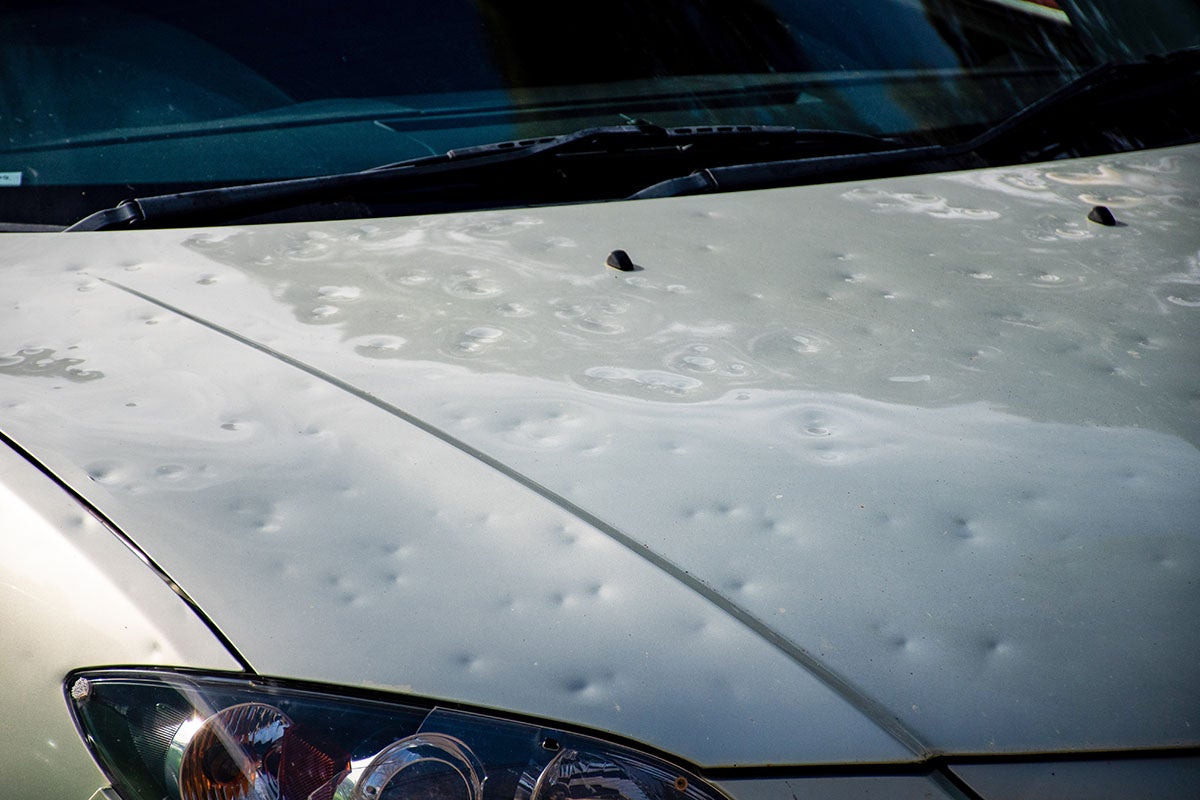 Close-up of a silver car's hood severely dented by hail, with many small, circular indentations and reflections.